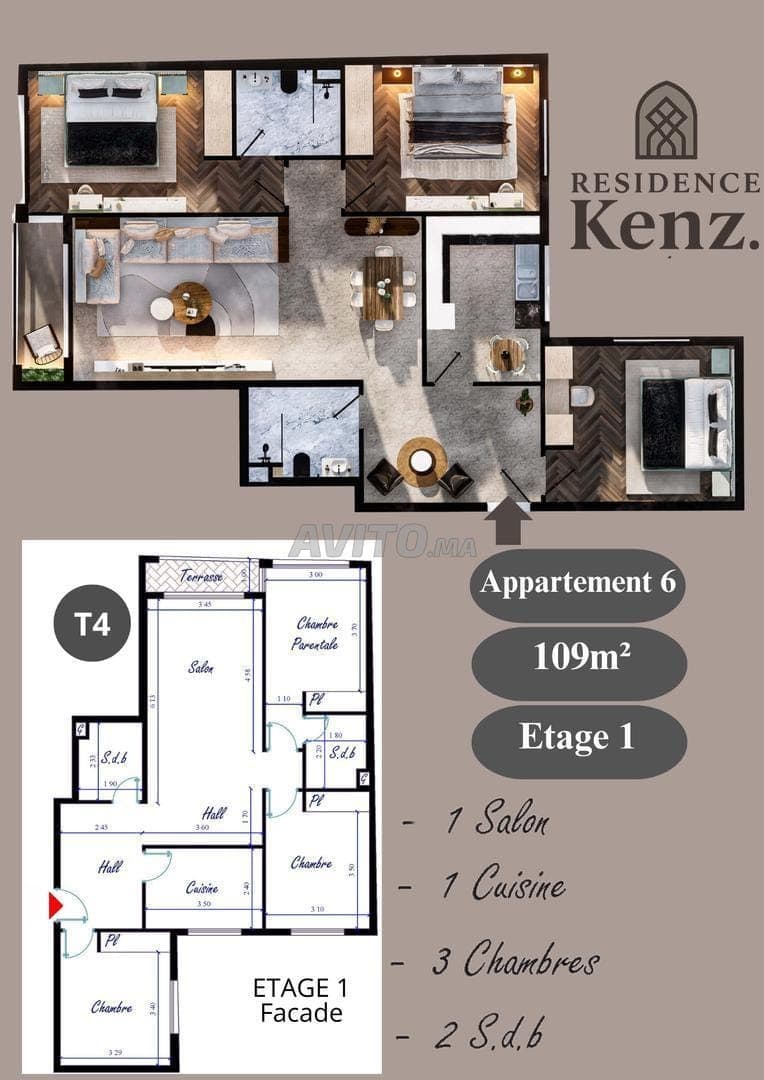 Appartement à vendre 109m² Residence Kenz. Kénitra