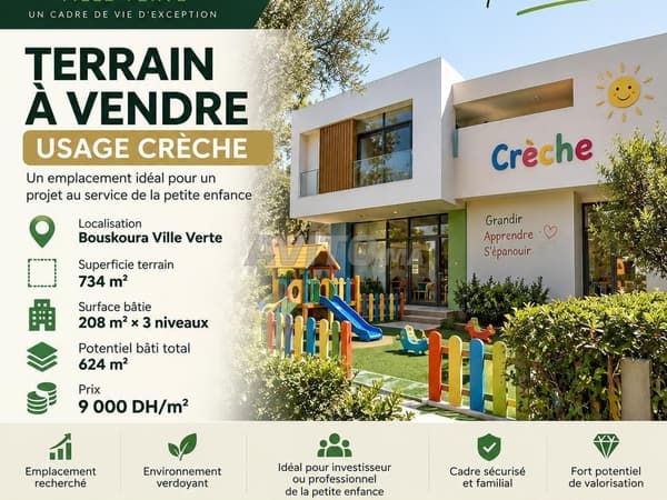 TERRAIN À VENDRE – CRÈCHE À BOUSKOURA VILLE VERTE