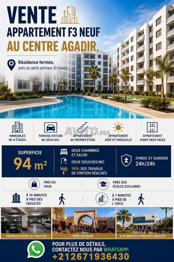 appartement neuf 94 m2 Agadir Houda piscine