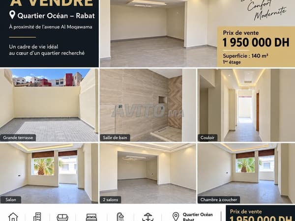 Appartement 140 m² à vendre Quartier Océan Rabat