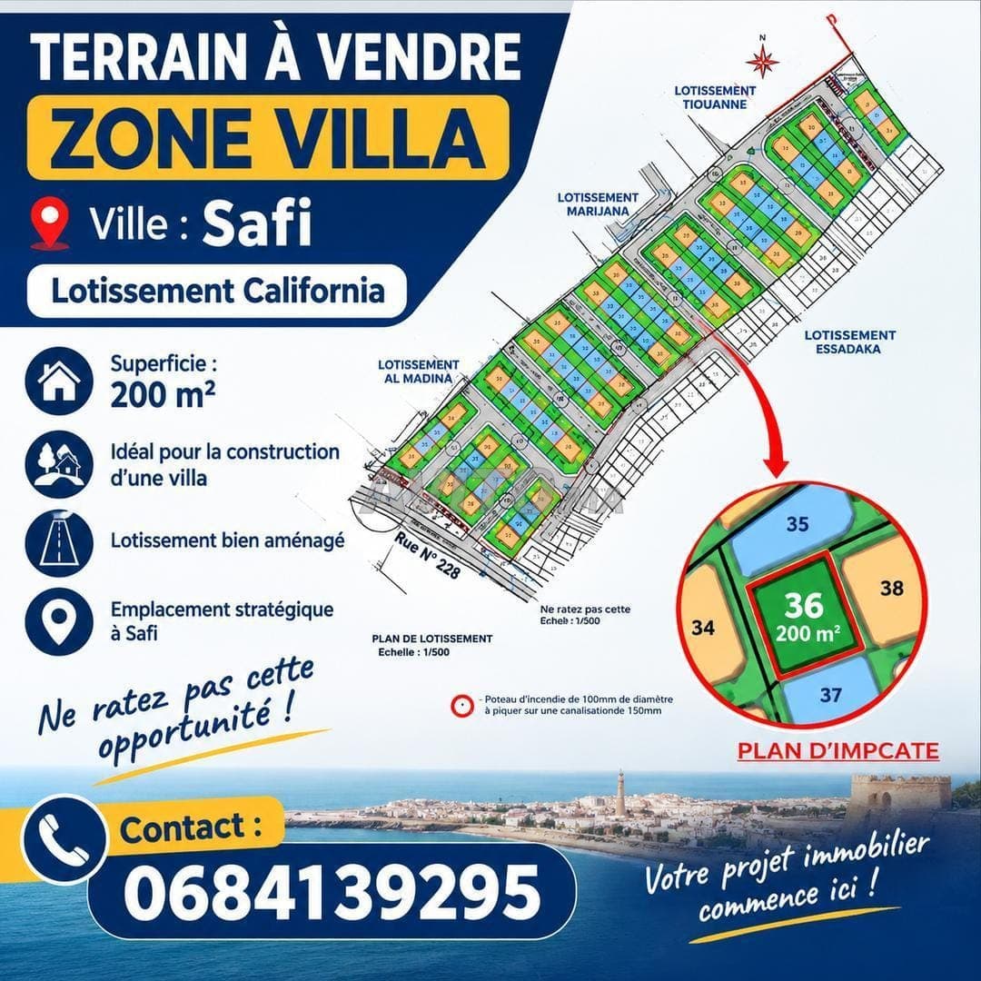 Terrain 200m2 zone villa California Safi