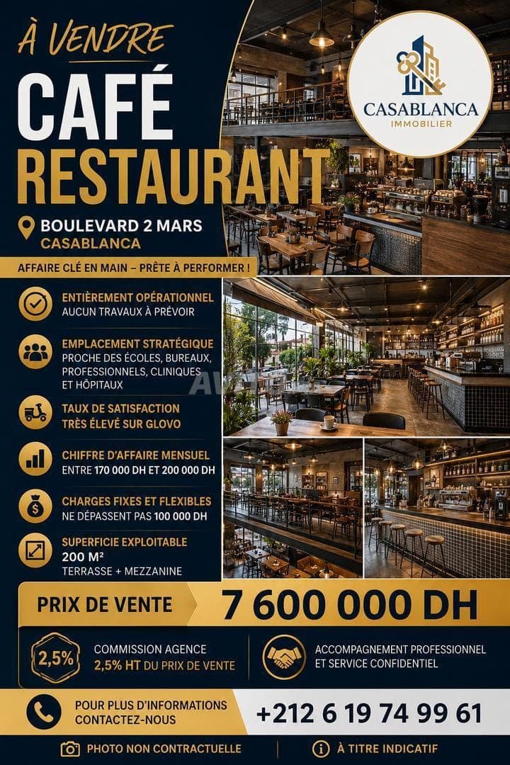 À VENDRE Café Restaurant Premium Bd 2 Mars