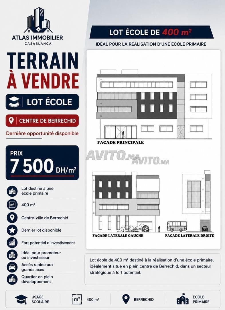 Terrain à vendre autorisé École 400m² – Berrechid