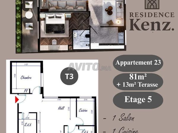 Appartement à vendre 94m² Résidence Kenz. Kénitra
