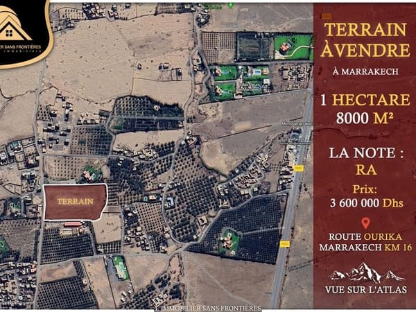 Terrain titré à Route Ourika km 16, Zone RA + 18 000 m², Marrakech : à vendre