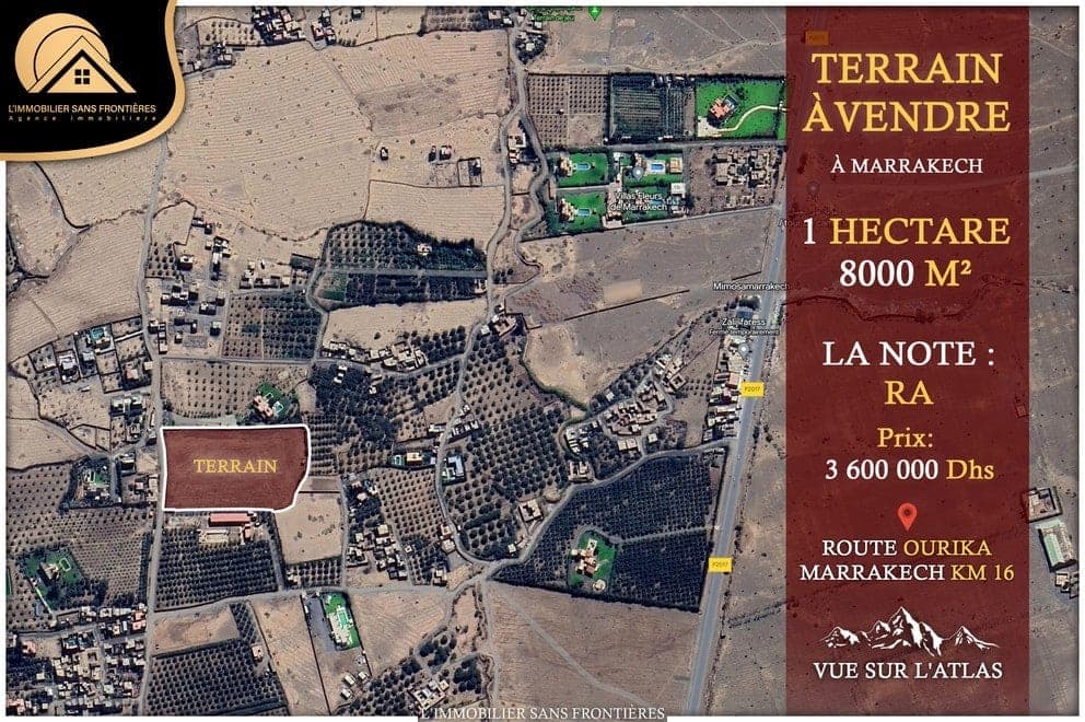 Terrain titré à Route Ourika km 16, Zone RA + 18 000 m², Marrakech : à vendre