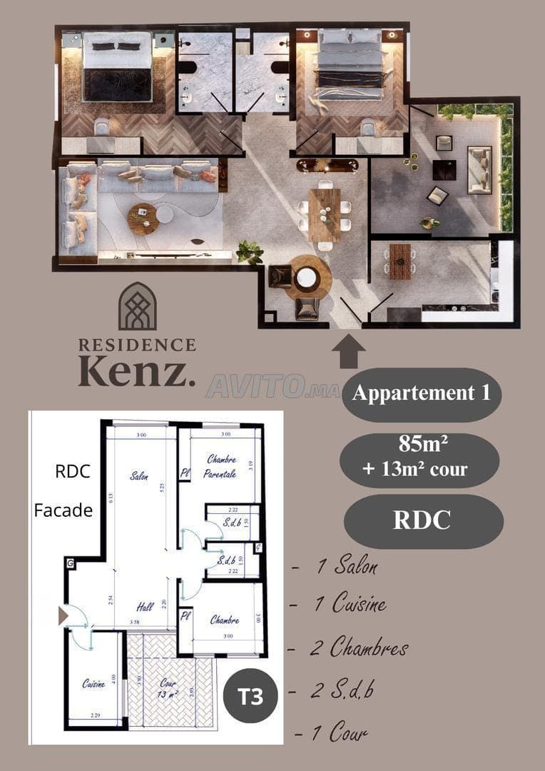 Appartement à vendre 98 m² Residence Kenz. Kénitra