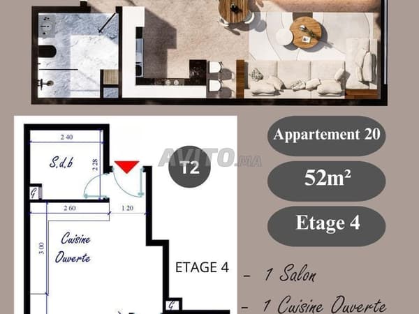 Appartement à vendre 52 m² Résidence Kenz. Kénitra