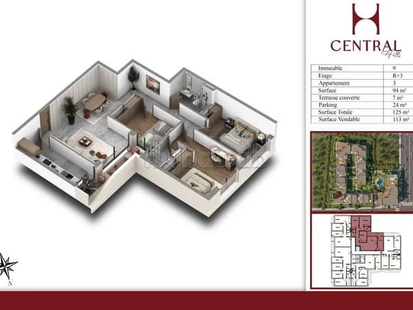 Appartement en vente à Ain Diab Extension. Superficie 113 m². Avec ascenseur et terrasse