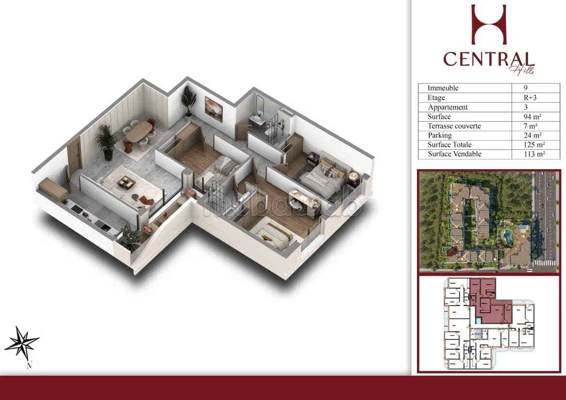 Piso en venta en Ain Diab Extension. Superficie 113 m². Con ascensor y terraza