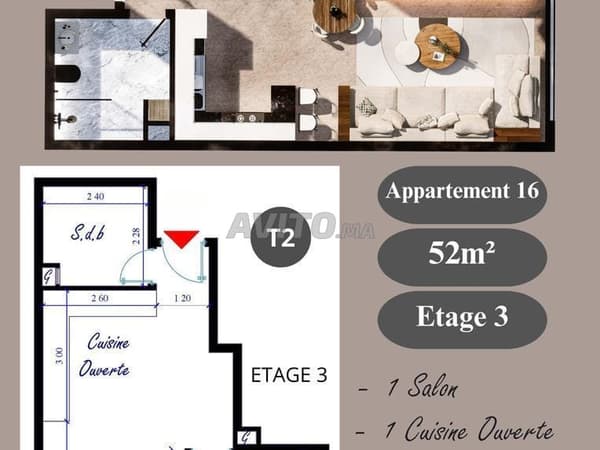 Appartement à vendre 52 m² à Kénitra
