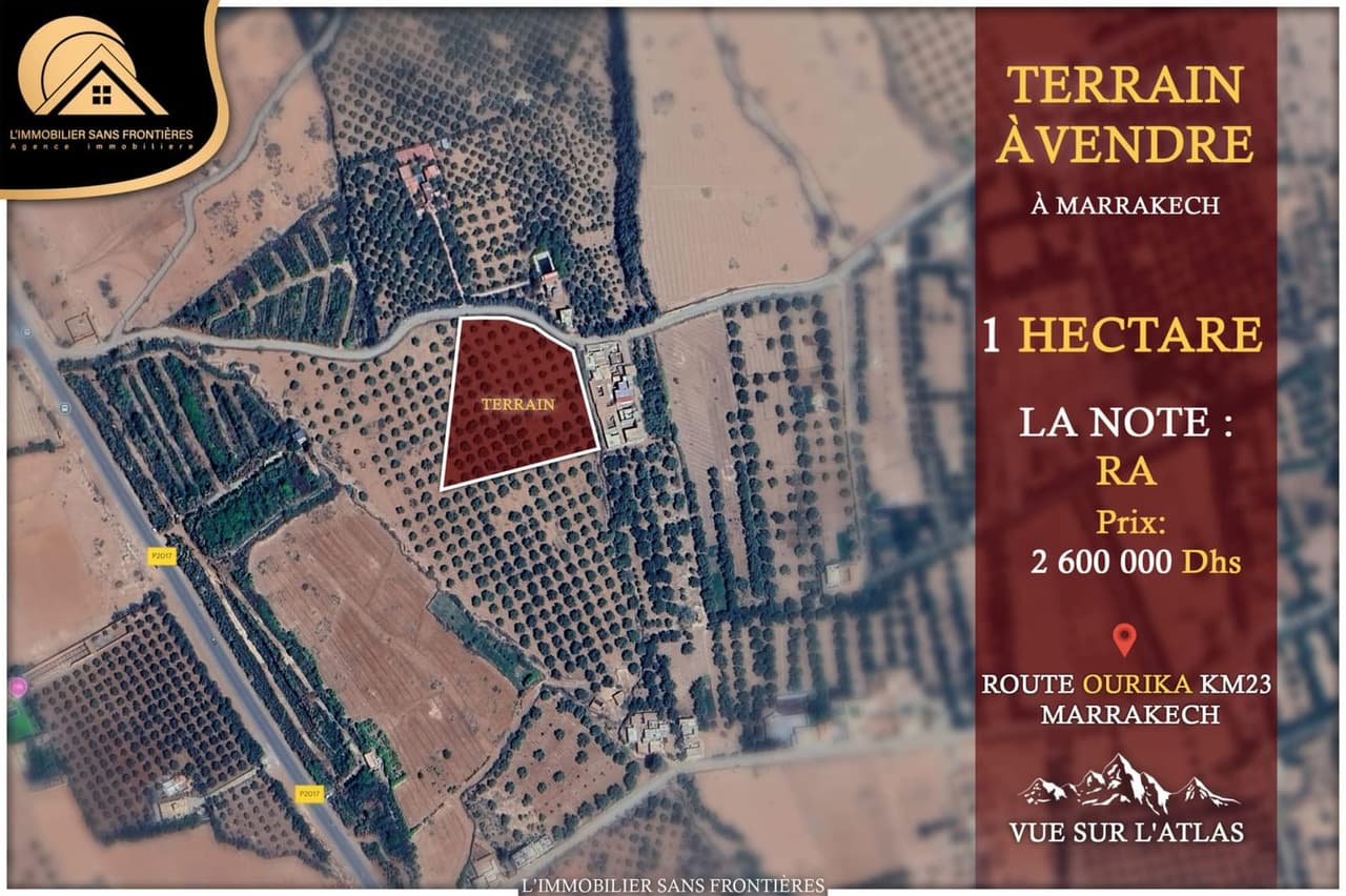Terrain RA à vendre à Route Ourika km 23, 1 hectare, Marrakech