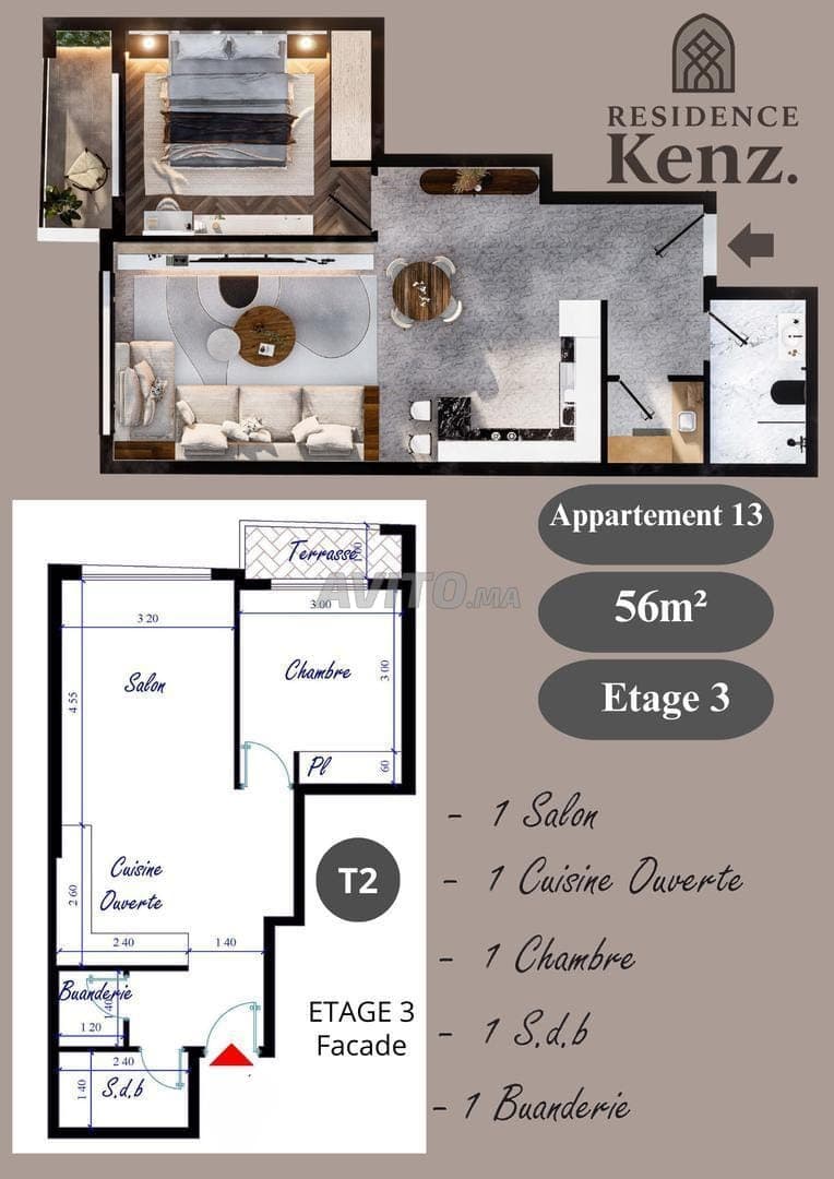 VENDU Appartement 56 m² Residence Kenz. Kénitra