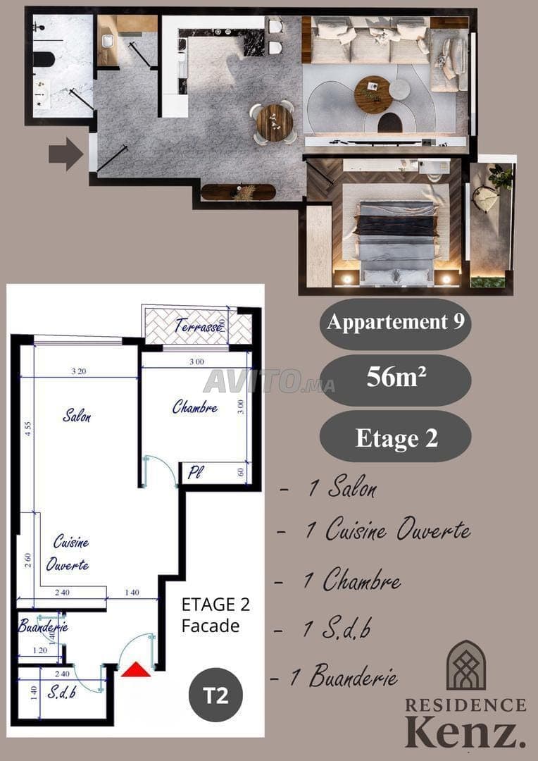 Appartement à vendre 56 m² Résidence Kenz. Kénitra