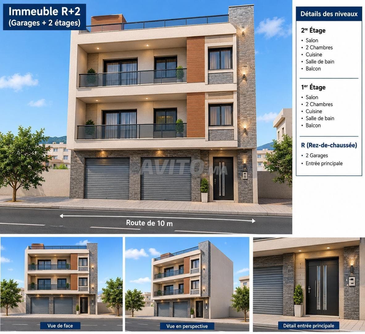 Gebouw met garages en 2 verdiepingen