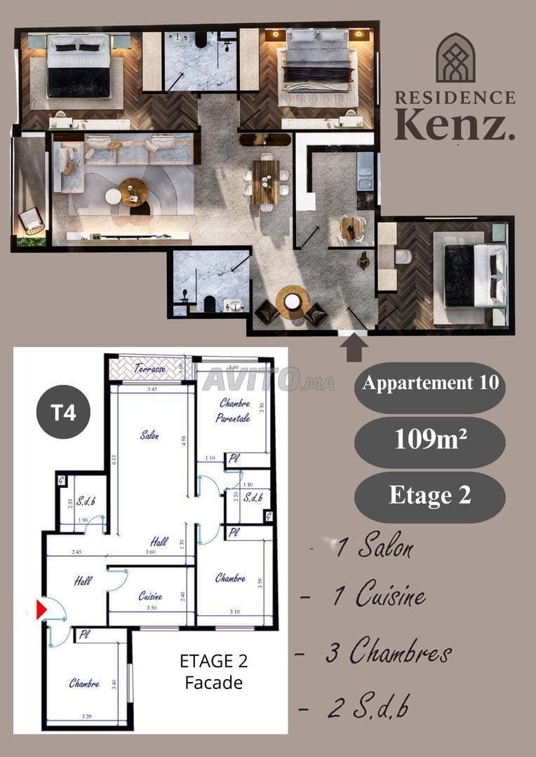 Appartement à vendre 109m² Résidence Kenz. Kénitra