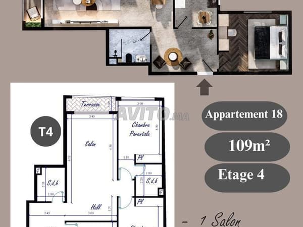 Appartement à vendre 109m² Résidence Kenz. Kénitra