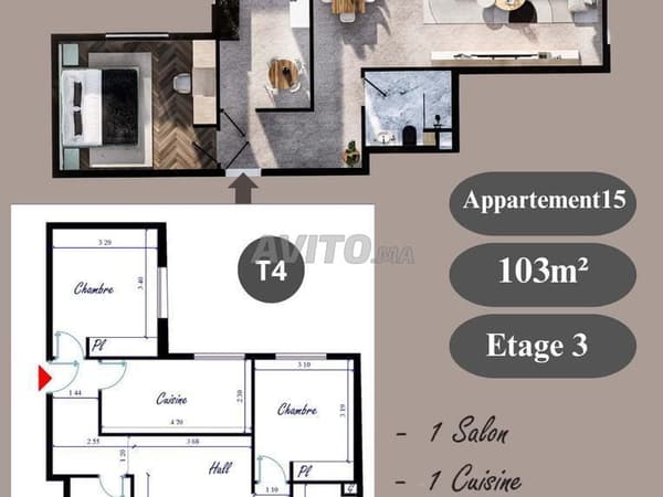 Appartement à vendre 103m² Residence Kenz. Kénitra