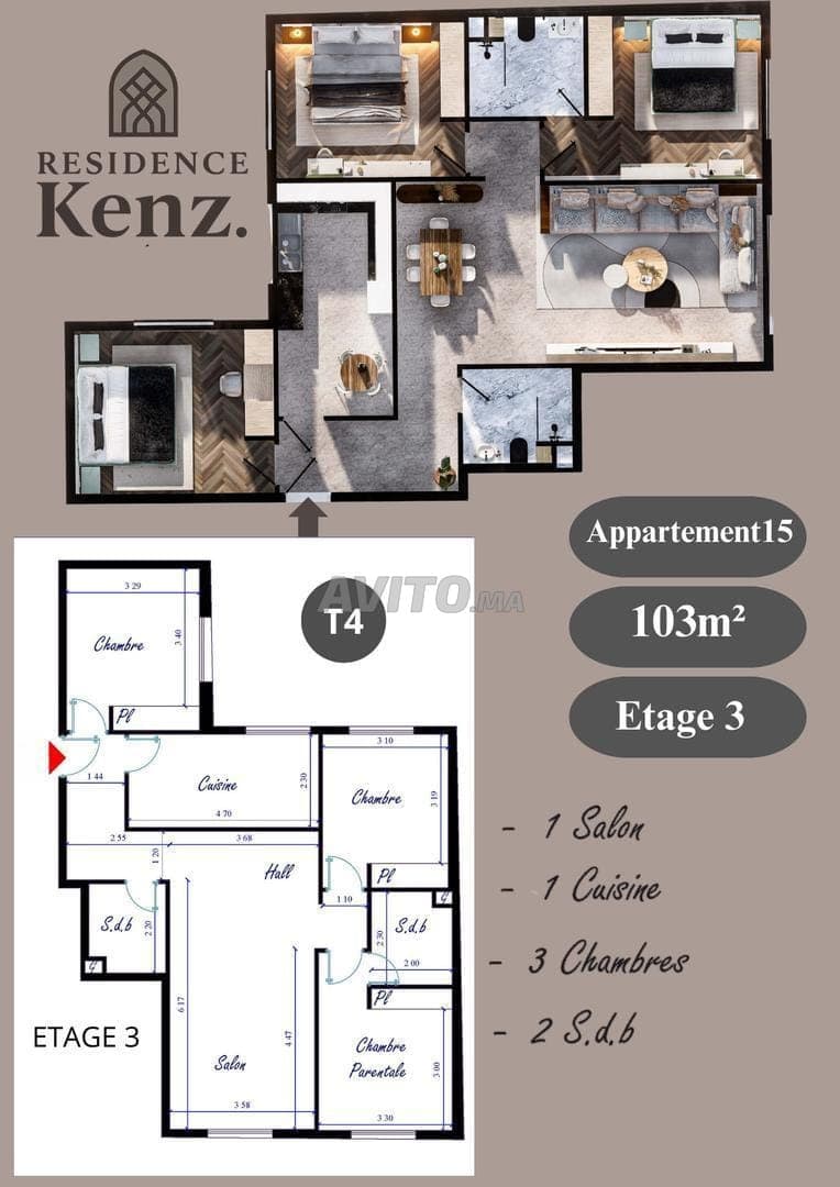 Appartement à vendre 103m² Residence Kenz. Kénitra