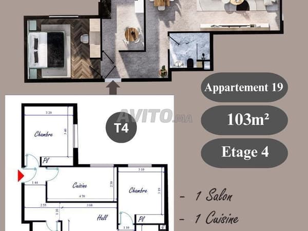 Appartement à vendre 103m² Résidence Kenz. Kénitra